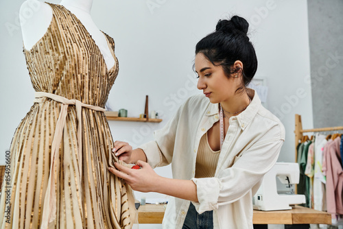 A young woman in casual attire repurposing and upcycling a dress in a creative and eco-conscious way.