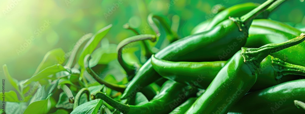 Close up top view of freshly picked green chili peppers, space for text, banner Close up top view of freshly picked green chili peppers, space for text, banner
