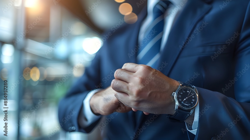 Businessman Checking Wristwatch in Sleek Office Setting Businessman Checking Wristwatch in Sleek Office Setting