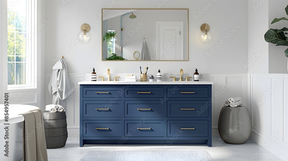 Fototapeta premium A navy blue bathroom vanity with brass hardware, set against white walls and light grey floors in an elegant contemporary style home interior design of a modern bedroom bathroom.