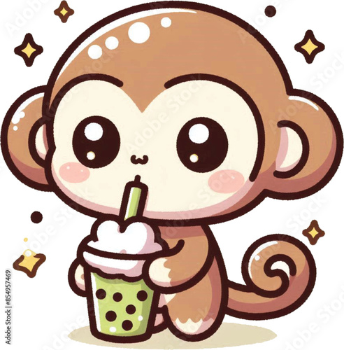 Cute kawaii monkey drinking bubble tea on straw