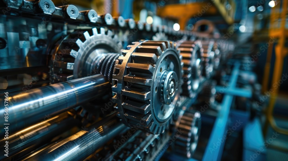 Advanced industrial machinery including gears cogs and mechanisms operating at a modern manufacturing plant showcasing automation production efficiency Advanced industrial machinery including gears cogs and mechanisms operating at a modern manufacturing plant showcasing automation production efficiency