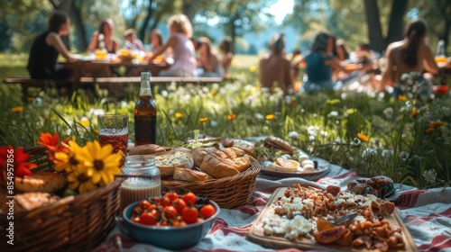 Cheerful group of friends gathered together in a lush park setting enjoying a delightful picnic party with an array of delicious homemade foods refreshing drinks