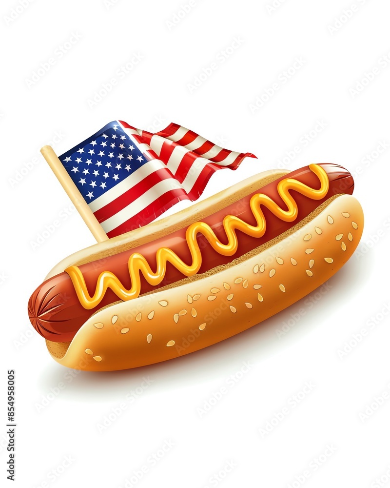 Hot dog with mustard in a bun, topped with an American flag, celebrating American cuisine and culture on a white background. Hot dog with mustard in a bun, topped with an American flag, celebrating American cuisine and culture on a white background.