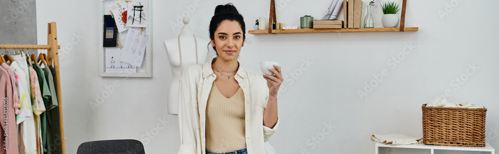 Young woman in casual attire upcycling clothes while holding a cup. Young woman in casual attire upcycling clothes while holding a cup.