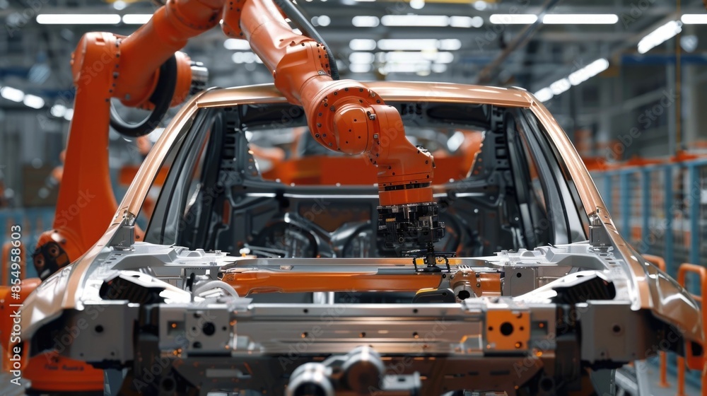 Robotic arms precisely assembling car parts and components on an automated assembly line in a contemporary high tech manufacturing facility Robotic arms precisely assembling car parts and components on an automated assembly line in a contemporary high tech manufacturing facility
