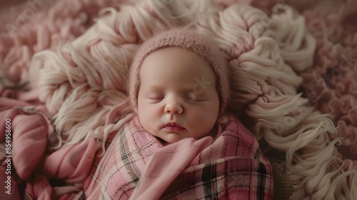 Cute Caucasian newborn infant baby girl asleep wrapped in a soft pink plaid. Adorable newborn baby girl portrait studio stock image