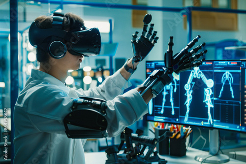 Person in lab coat with VR and robot arm