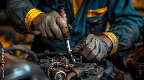 A mechanic works on an engine using a wrench, focusing on intricate components. The image highlights the hands-on skills and detailed attention required for automotive repair and maintenance. 