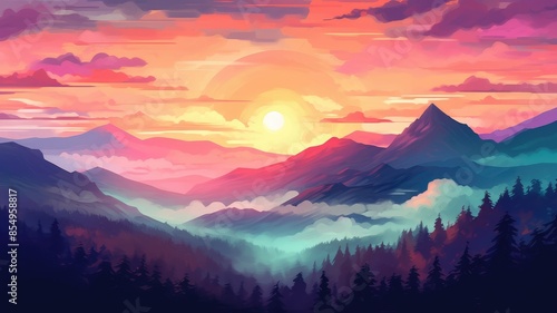 Digital painting of a mountainous landscape during a vibrant sunset. AIG35.