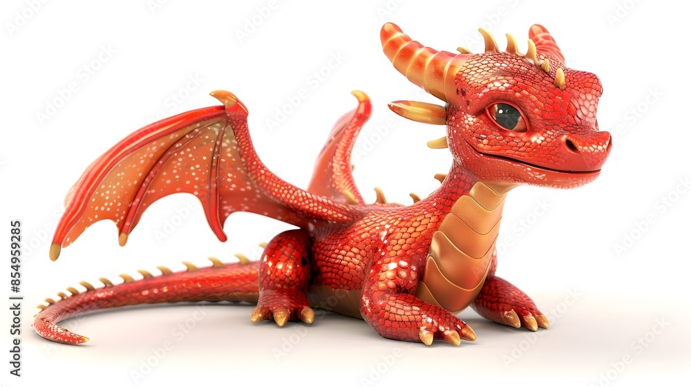 Obraz premium Captivating 3D Dragon with Regal Red and Gold Accents Sitting Gracefully on White Background