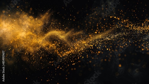 Digital image of golden glitter scattering around black background. AIG53F.. © Summit Art Creations