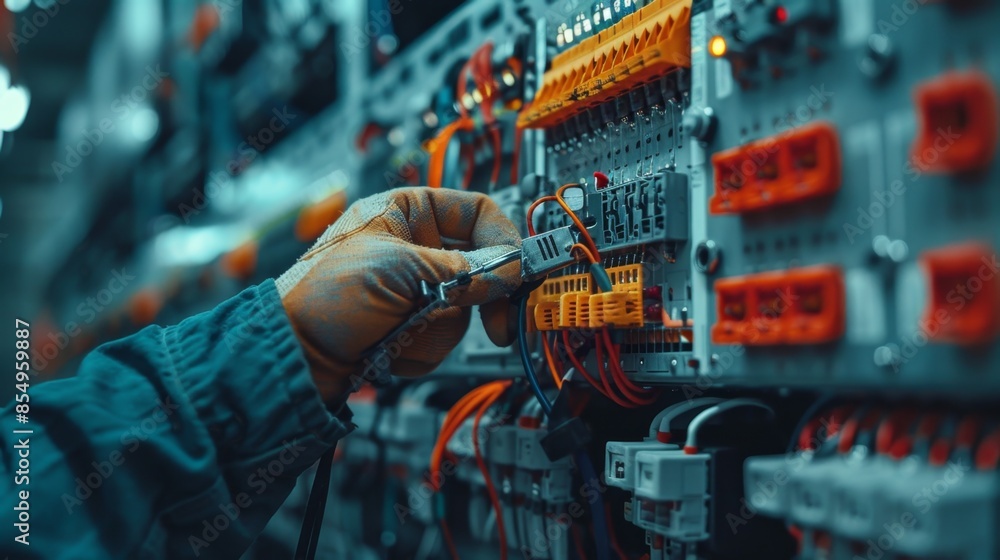 hand of an electrician adjuster repairing an electrical panel on an industrial electrical installation. a professional adjusts electrical equipment. hand of an electrician adjuster repairing an electrical panel on an industrial electrical installation. a professional adjusts electrical equipment.