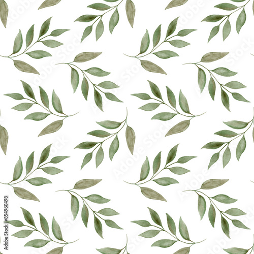 Watercolor green leaves, seamless pattern on a white background. Botanical illustration for wedding Invitation, thank you, greeting card, fabric, textiles, wallpaper, prints, scrap paper, cover.