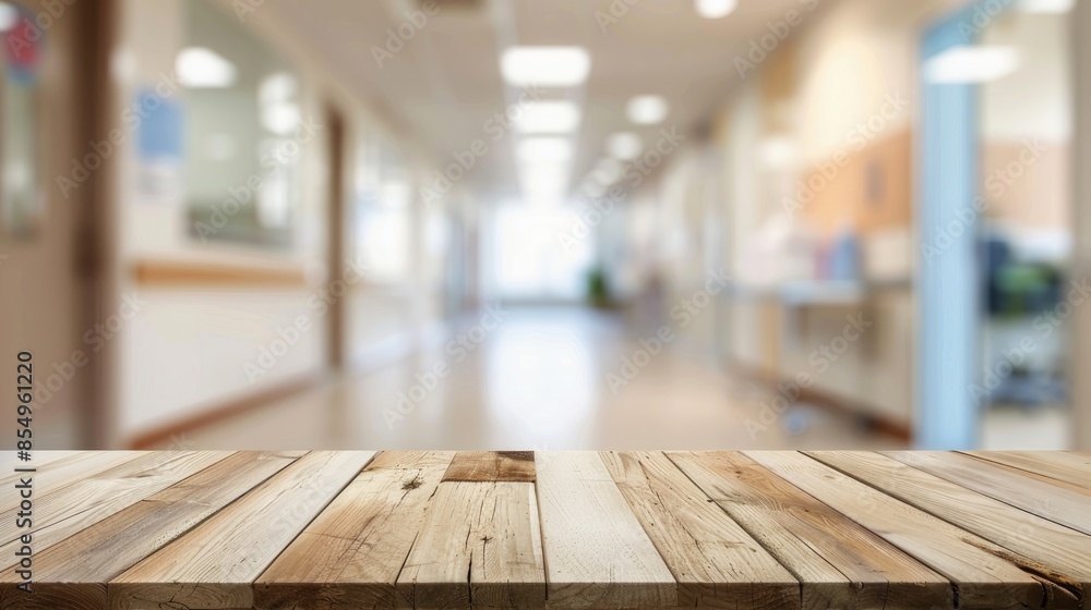 Wooden table in blurred hospital or cosmetics clinic Health medical or repair idea for product display or design layout Wooden table in blurred hospital or cosmetics clinic Health medical or repair idea for product display or design layout