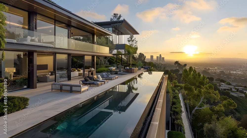 Obraz premium A stunning modern home in Beverly Hills, with large windows and glass doors overlooking the city of Los Angeles at sunset. There is an infinity pool on one side of it and outdoor seating around the ed