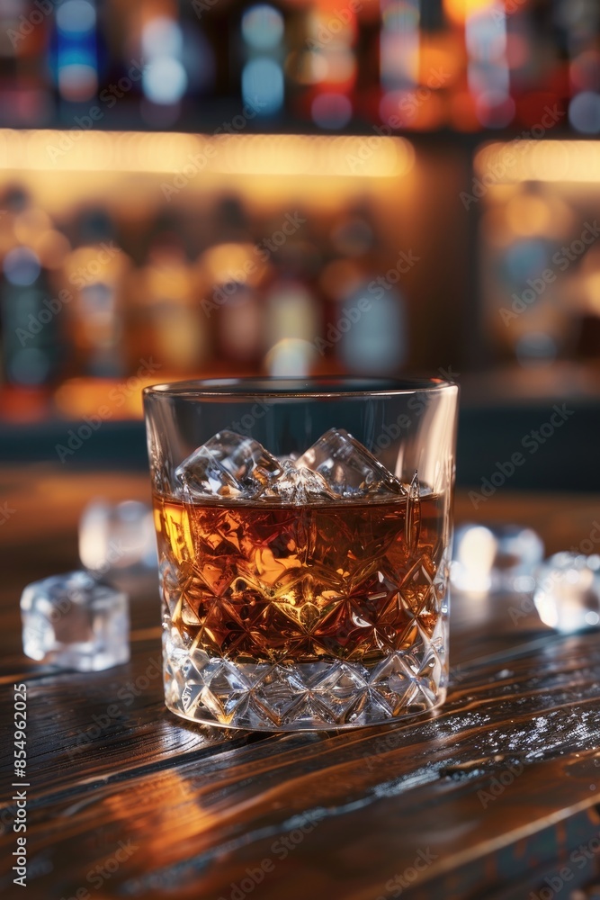 A glass of good whiskey with ice on wooden desk A glass of good whiskey with ice on wooden desk