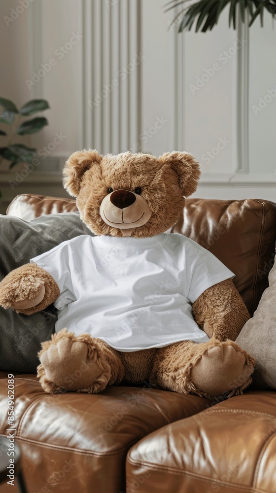 Bear in a white T-shirt, in a mockup setting, a plush bear takes center stage on a leather sofa, offering a charming and whimsical element that enhances the visual appeal of the scene Bear in a white T-shirt, in a mockup setting, a plush bear takes center stage on a leather sofa, offering a charming and whimsical element that enhances the visual appeal of the scene