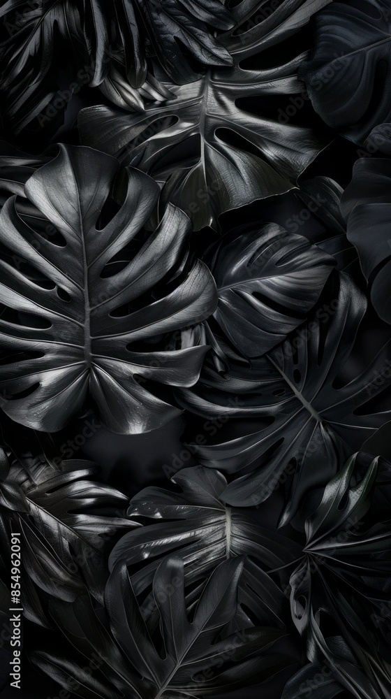 Tropical black leaves boast silk-like textures, their glossy surfaces and intricate veins capturing the essence of lush, tropical foliage in a sophisticated manner Tropical black leaves boast silk-like textures, their glossy surfaces and intricate veins capturing the essence of lush, tropical foliage in a sophisticated manner