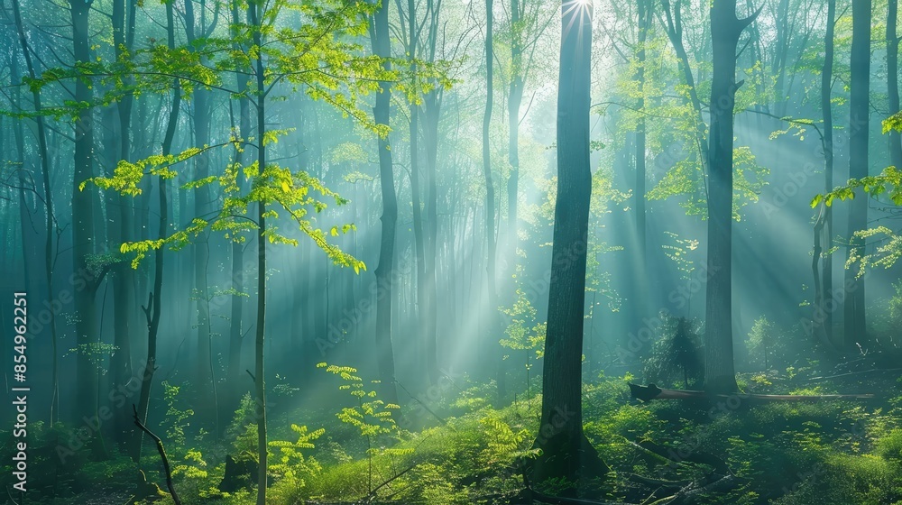Obraz premium Beautiful nature at morning in the misty spring forest with sun