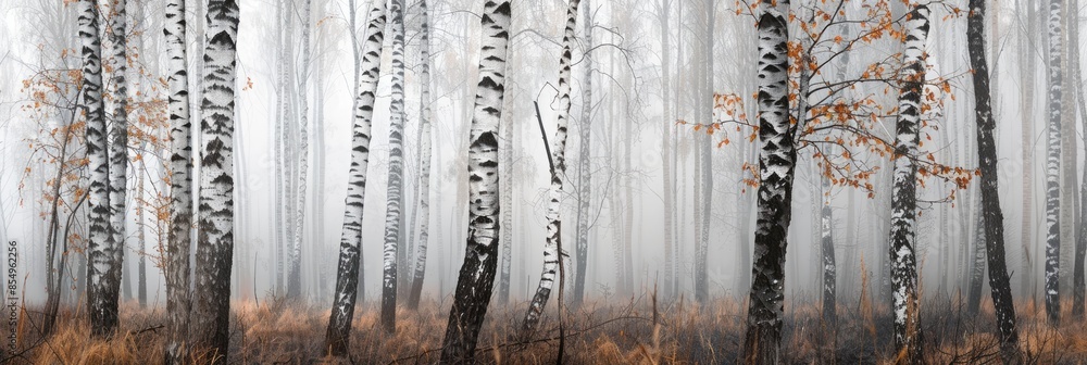 Fototapeta premium Autumn birch forest, beautiful landscape. Birch tree forest