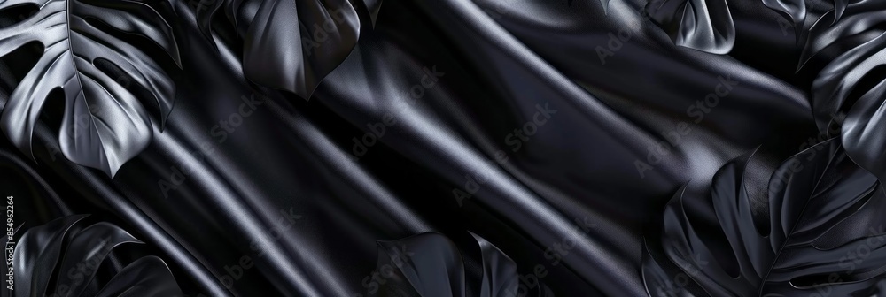 With silk textures, tropical black leaves showcase a luxurious appearance, their deep hues and smooth surfaces creating a striking contrast against vibrant greenery in tropical landscapes, banner With silk textures, tropical black leaves showcase a luxurious appearance, their deep hues and smooth surfaces creating a striking contrast against vibrant greenery in tropical landscapes, banner