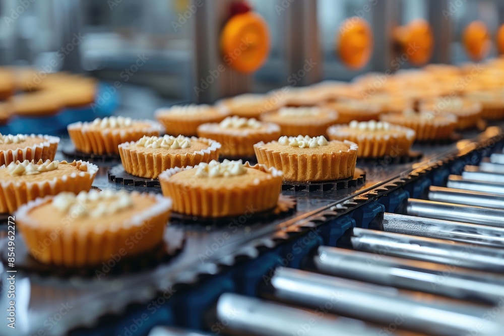 Delicious pies being baked and conveyed in a modern food factory setting Delicious pies being baked and conveyed in a modern food factory setting