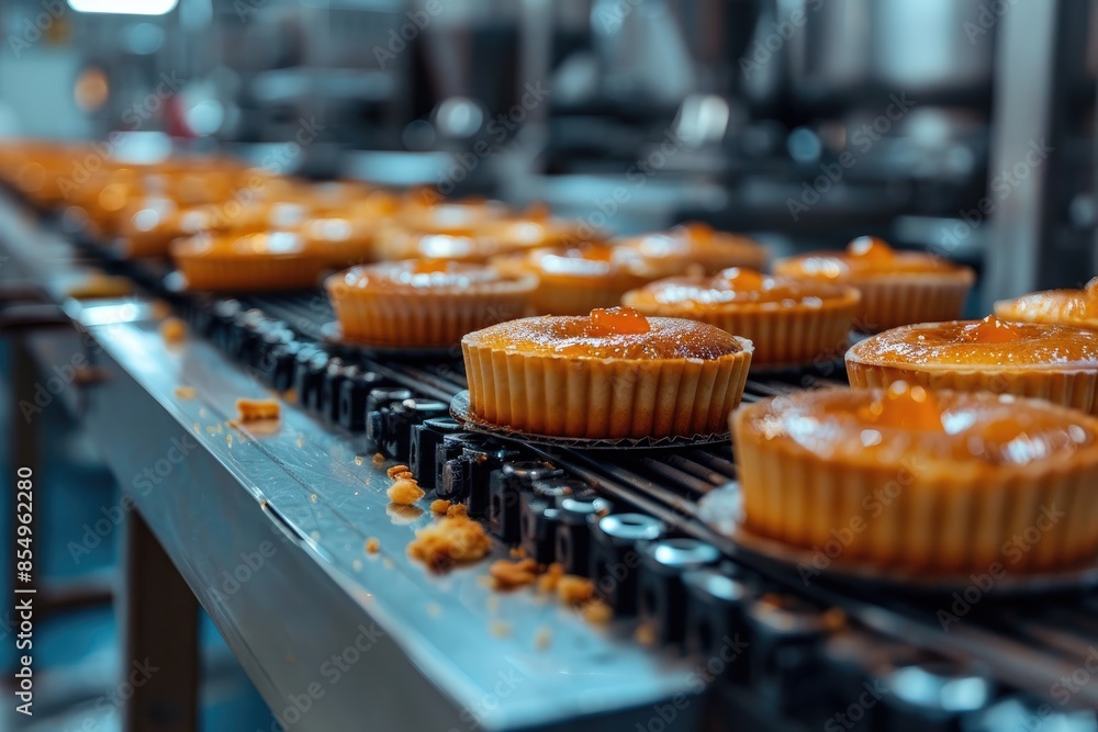 Delicious pies being baked and conveyed in a modern food factory setting Delicious pies being baked and conveyed in a modern food factory setting