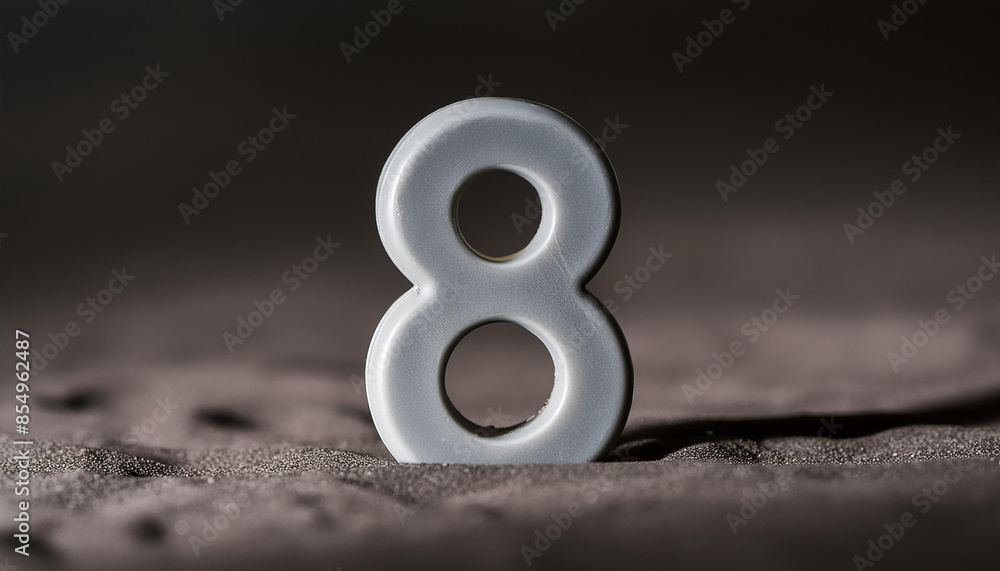 Number 8 made of gray stone isolated with shadow over dark sand.