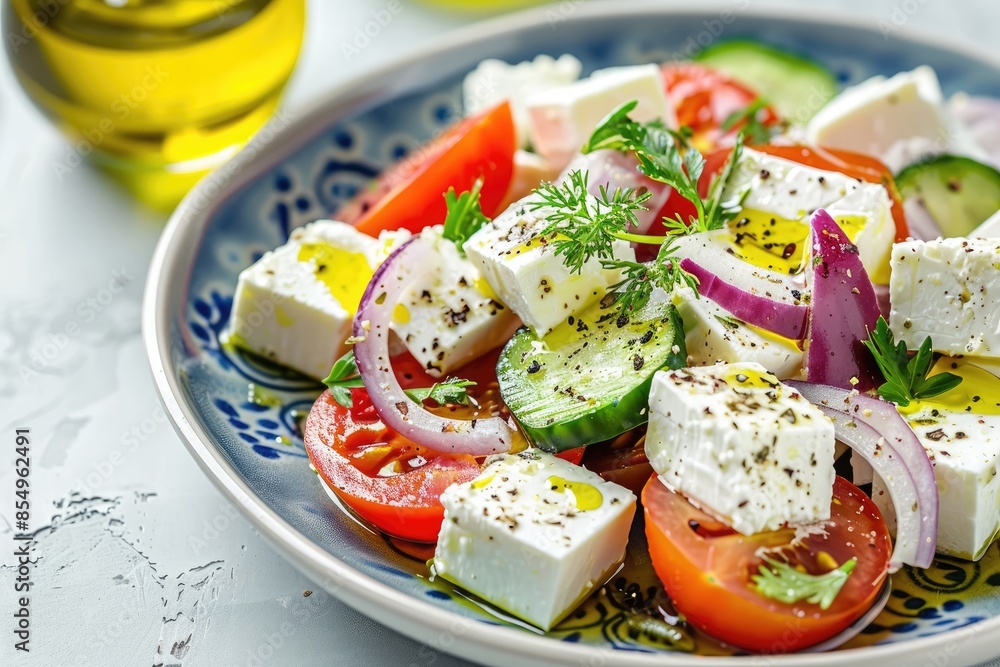 Greek salad with feta cheese and olive oil on plate. Greek healthy food Greek salad with feta cheese and olive oil on plate. Greek healthy food