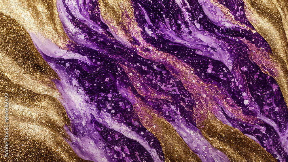 Obraz premium Glitter fluid with shiny gloss, blending purple, black, and white colors. Shimmering metallic gold particles and translucent paint create a liquid ink water flow on an abstract art background