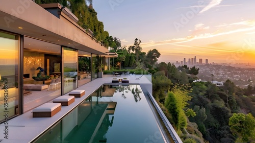 A stunning modern home in Beverly Hills, with large windows and glass doors overlooking the city of Los Angeles at sunset. There is an infinity pool on one side of it and outdoor seating around the ed