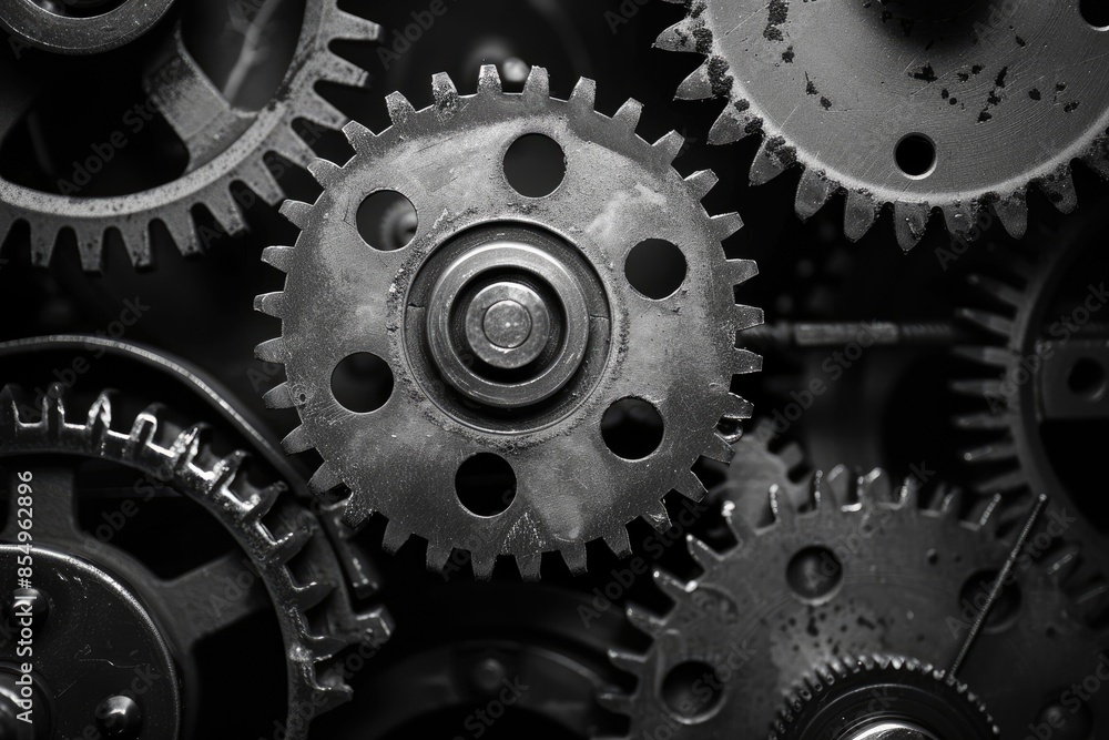 Retro black and white background of industrial cogs or gears with movement Retro black and white background of industrial cogs or gears with movement