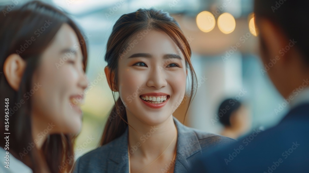 The Smiling Asian Businesswoman Beams With Joy, Her Happiness Contagious As She Interacts With Her Colleagues The Smiling Asian Businesswoman Beams With Joy, Her Happiness Contagious As She Interacts With Her Colleagues