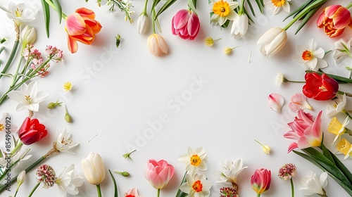A white background with pastel colored spring flowers arranged in the shape of an oval, creating a circular frame on one side of the canvas.