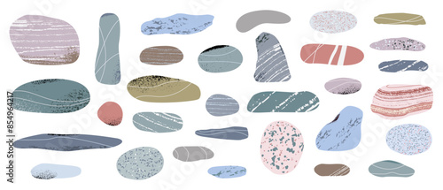 Set of pebble stones of various shapes, sizes, colors. Vector illustration on white isolated background in flat style.