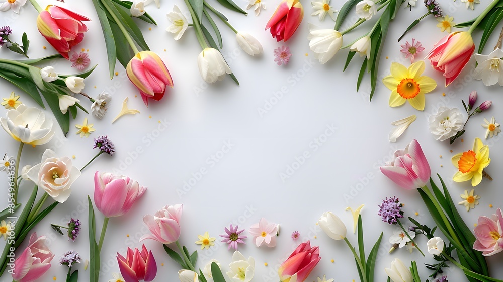 A white background with pastel colored spring flowers arranged in the shape of an oval, creating a circular frame on one side of the canvas. A white background with pastel colored spring flowers arranged in the shape of an oval, creating a circular frame on one side of the canvas.