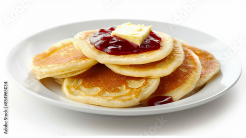 Delicious Pikelets Served with Butter and Jam on a Plate - Tempting Breakfast Treat Stock Photo