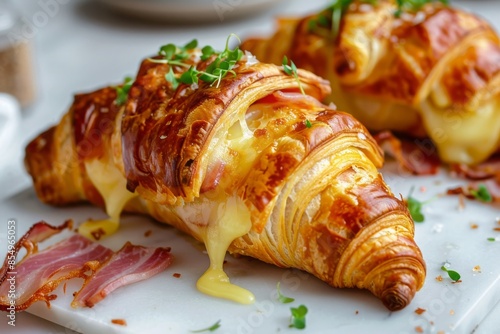 Croissant with cheese, ham and bacon on white table, close-up
