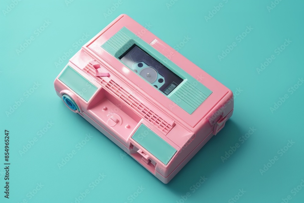 On a turquoise backdrop, a pink handheld player embodies the spirit of the '90s, combining retro aesthetics with modern functionality for a stylish throwback experience On a turquoise backdrop, a pink handheld player embodies the spirit of the '90s, combining retro aesthetics with modern functionality for a stylish throwback experience
