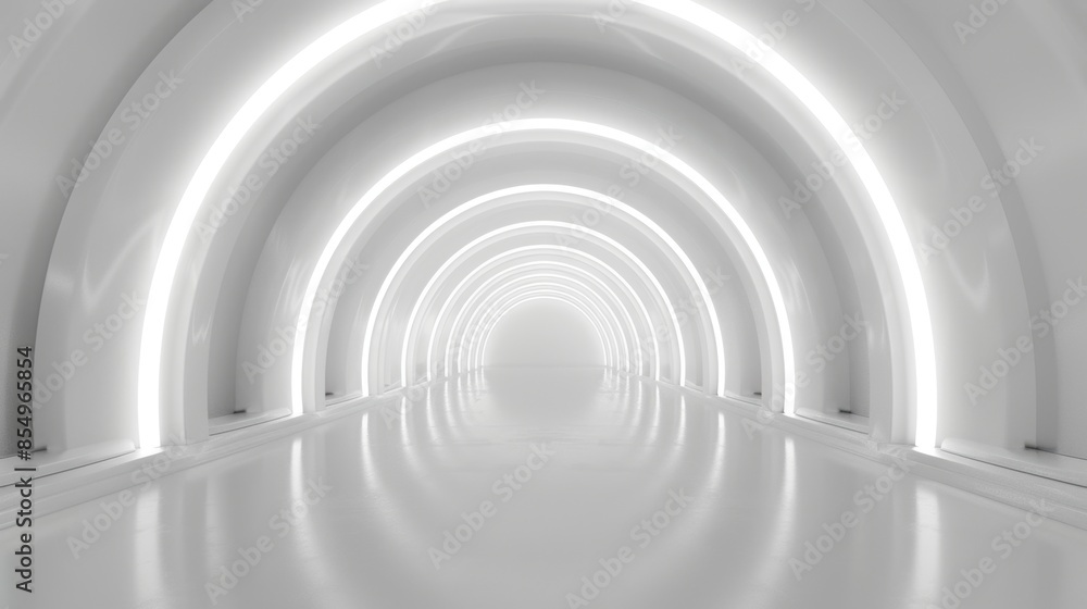 Obraz premium Futuristic white tunnel with arched neon lights