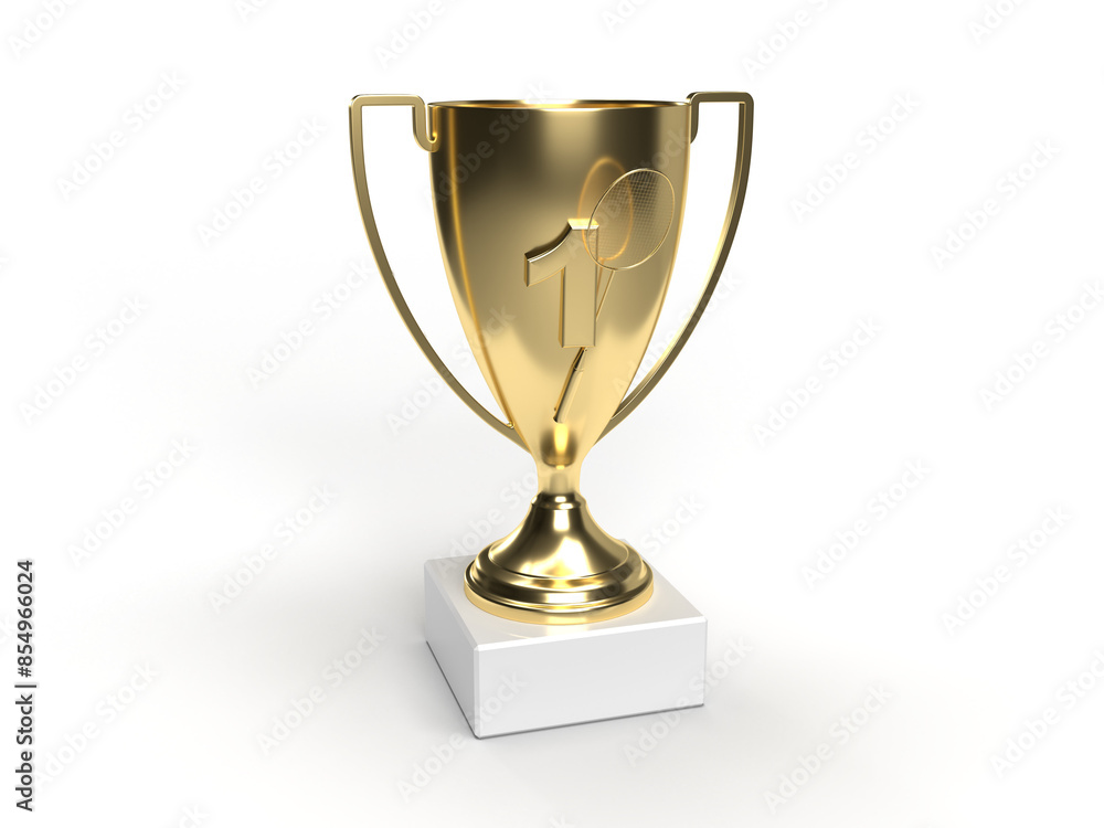 Gold trophy with racket cup for badmint competitions for taking 1st place. Diploma idea. 3d rendering. Gold trophy with racket cup for badmint competitions for taking 1st place. Diploma idea. 3d rendering.