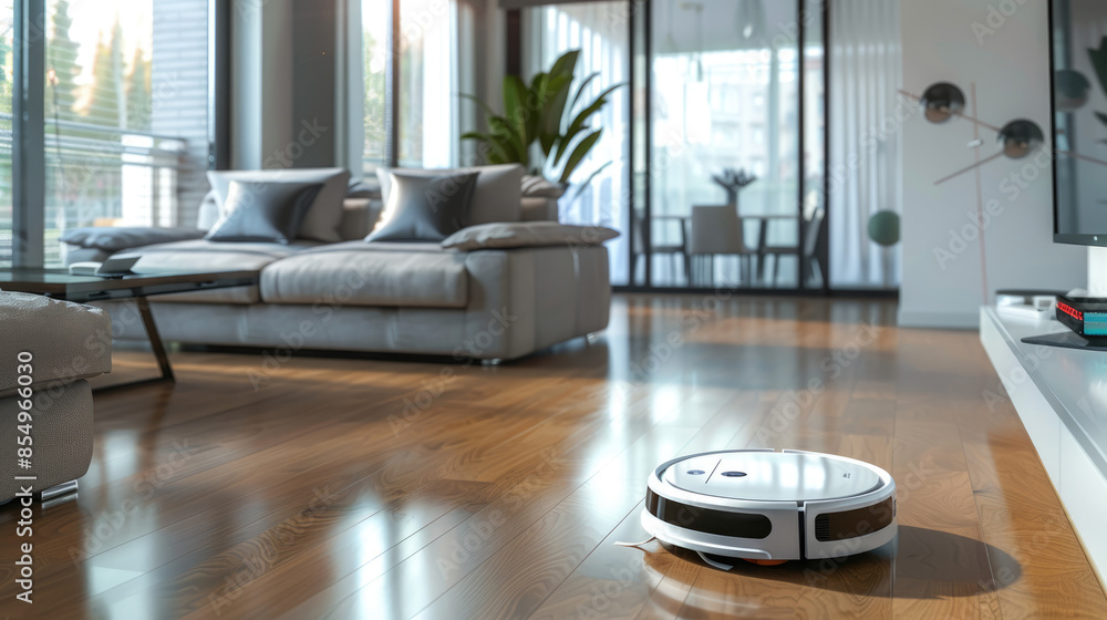 Modern Robotic vacuum cleaner on the floor in cozy modern living room Modern Robotic vacuum cleaner on the floor in cozy modern living room