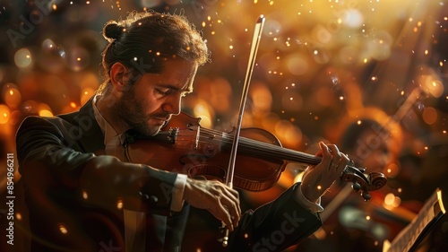 Passionate Violinist Performing in Orchestral Concert under the Glowing Lights in an Elegant Evening AIG58 photo