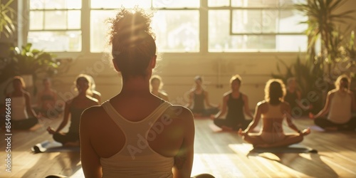 Enjoy a peaceful morning yoga class illuminated by sunlight filtering through the windows AIG58 photo