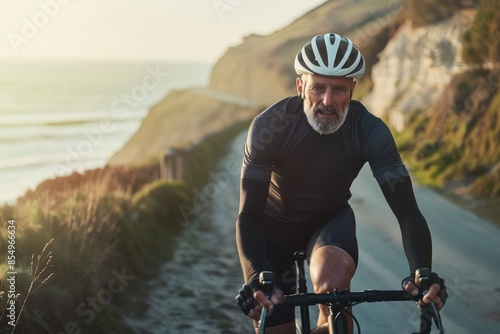 Man enjoys sunset during coastal bike ride by ocean, feeling serene, free, and relaxed AIG58 photo