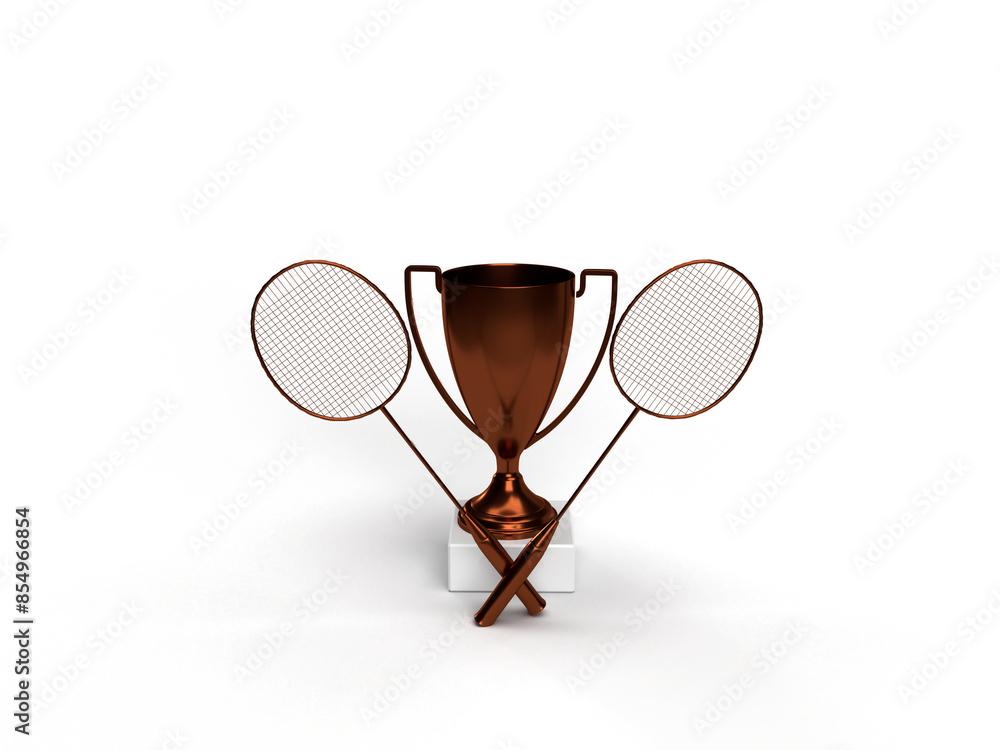 Bronze trophy with racket - cup for the badmint competition for taking 3rd place. Diploma idea. 3d rendering. Bronze trophy with racket - cup for the badmint competition for taking 3rd place. Diploma idea. 3d rendering.