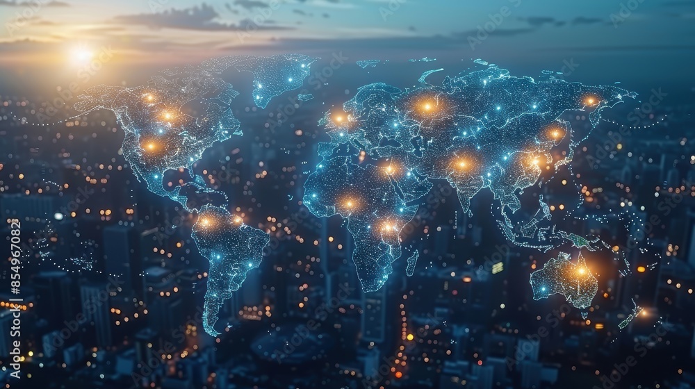 Fototapeta premium A glowing blue world map made of tiny lights.