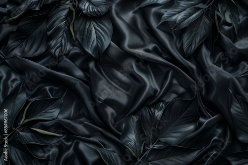 The silk textures of tropical black leaves exude a glossy sheen, reflecting light amidst their intricate patterns, evoking a sense of elegance and exotic allure