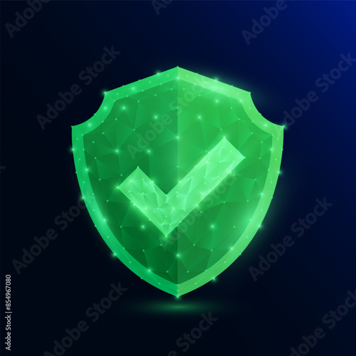 Check mark in green shield glowing  in style polygonal on dark blue background. Symbol approve or safety. Protection concept. Vector EPS10 illustration.